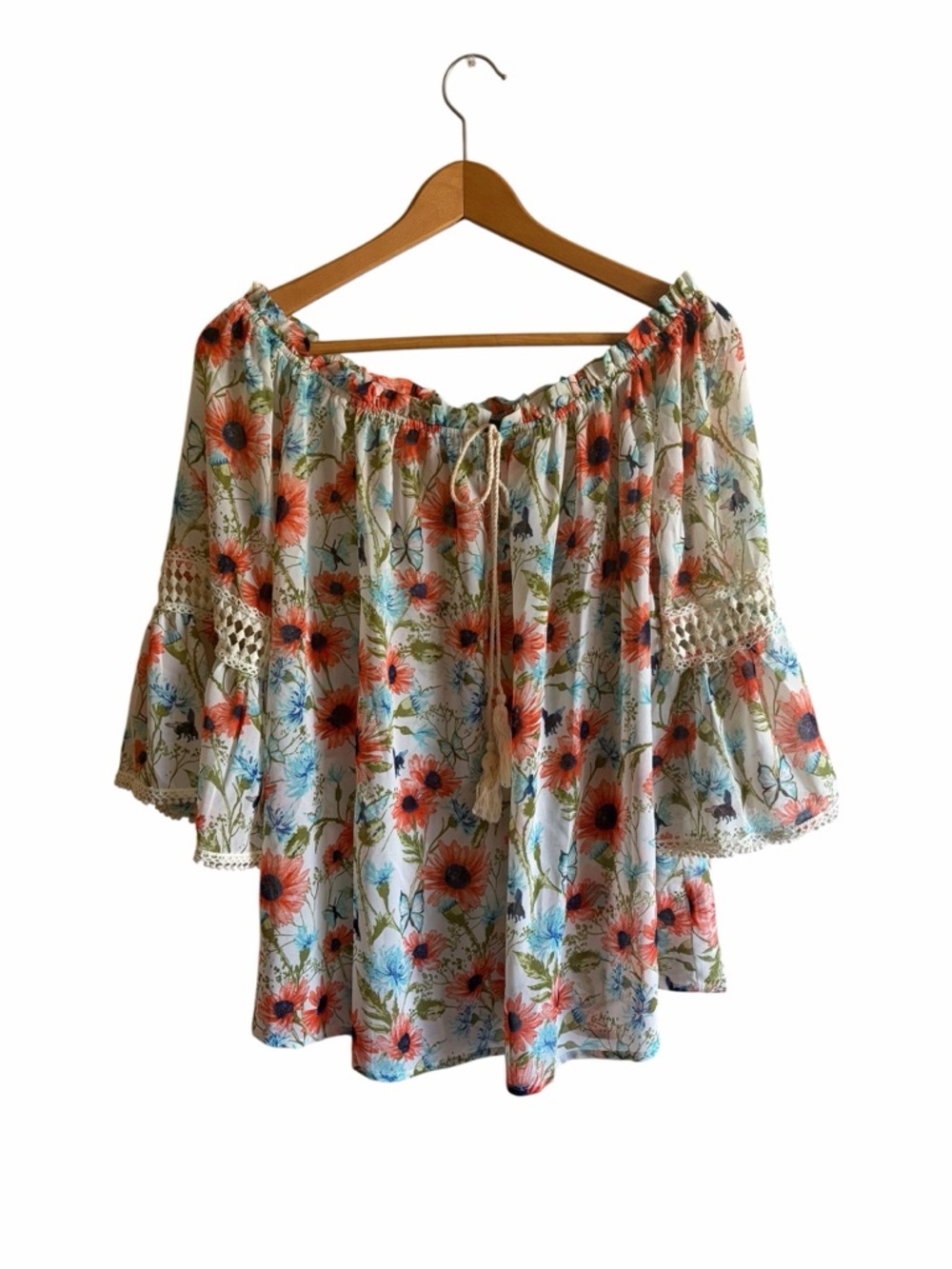 Bohemian Off-Shoulder Peasant Top - Off White with Coral & Blue Flowers